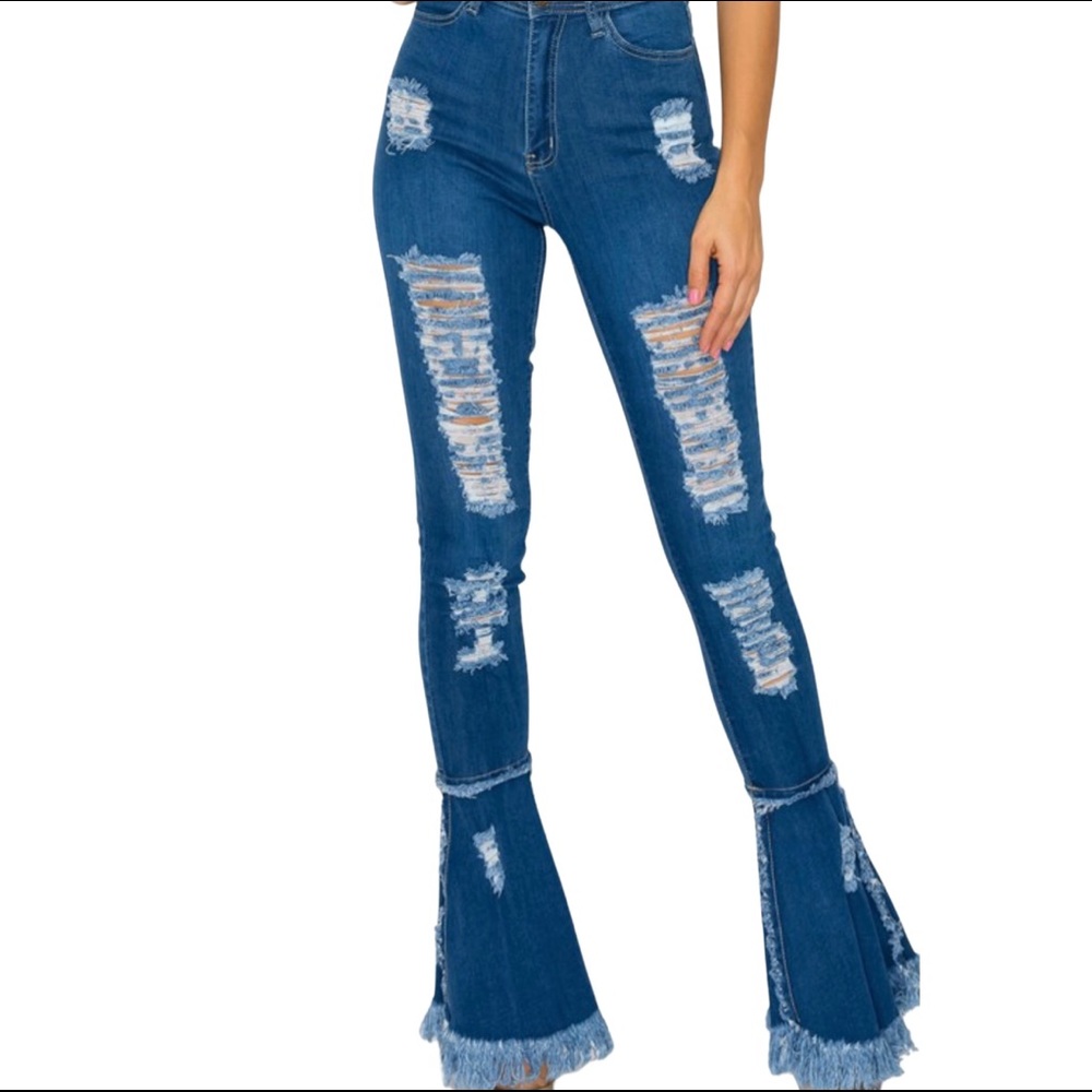 High Waisted Bell Bottom Ripped Jeans
